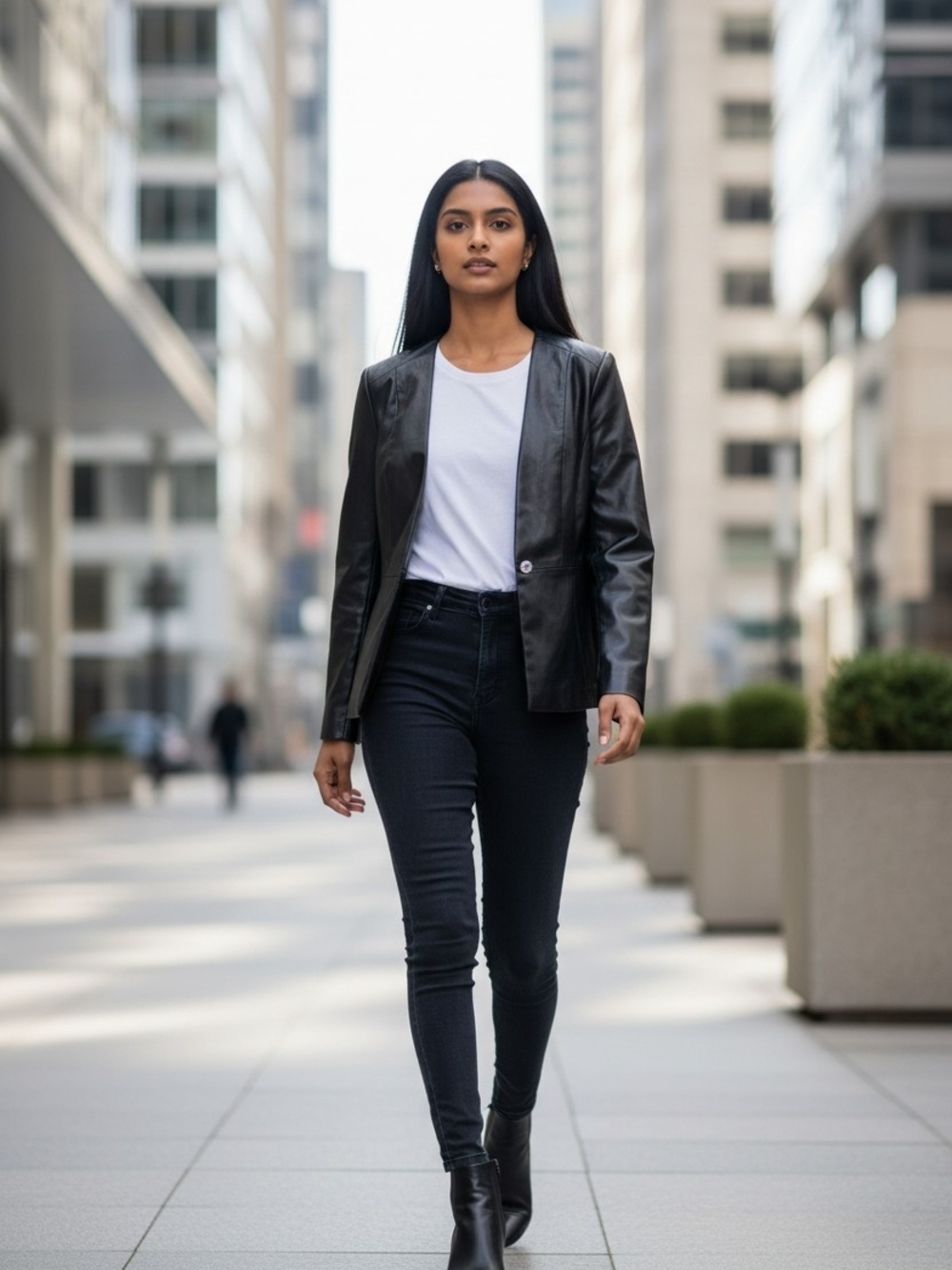 Elie Tahari Black Faux Leather V-Neck Single-Button Blazer